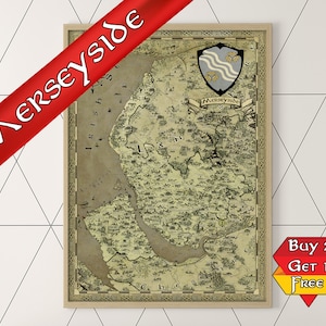 Impression Merseyside, affiche de carte fantastique, carte du Merseyside, cadeau geek pour lui, cadeau geek pour elle, cadeau pour papa, cadeau pour maman, bas de Noël