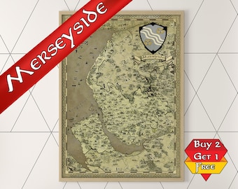 Merseyside Print, Fantasy Map Poster, Merseyside Map, Geeky Gift for Him, Geeky Gift for Her, Gift for Dad, Gift for Mum, Stocking Filler