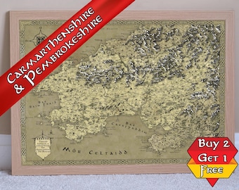 Carmarthenshire and Pembrokeshire Fantasy Print, A3 A2 A1 Carmarthen Welsh Cymru, Pembroke Cymraeg, Milford Haven Poster, Ammanford Mapping