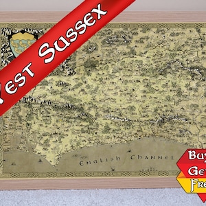 Carte du West Sussex, impression du West Sussex, carte fantastique du Sussex, art du Sussex, cadeau geek pour lui, cadeau ringard pour elle, remplissage de bas