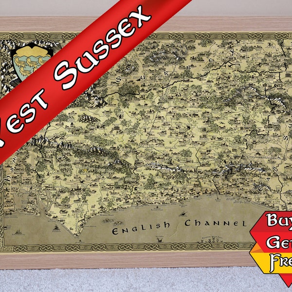 West Sussex Map, West Sussex Print, Sussex Fantasy Map, Sussex Art, Geeky gift for him, Nerdy gift for her, Stocking Filler