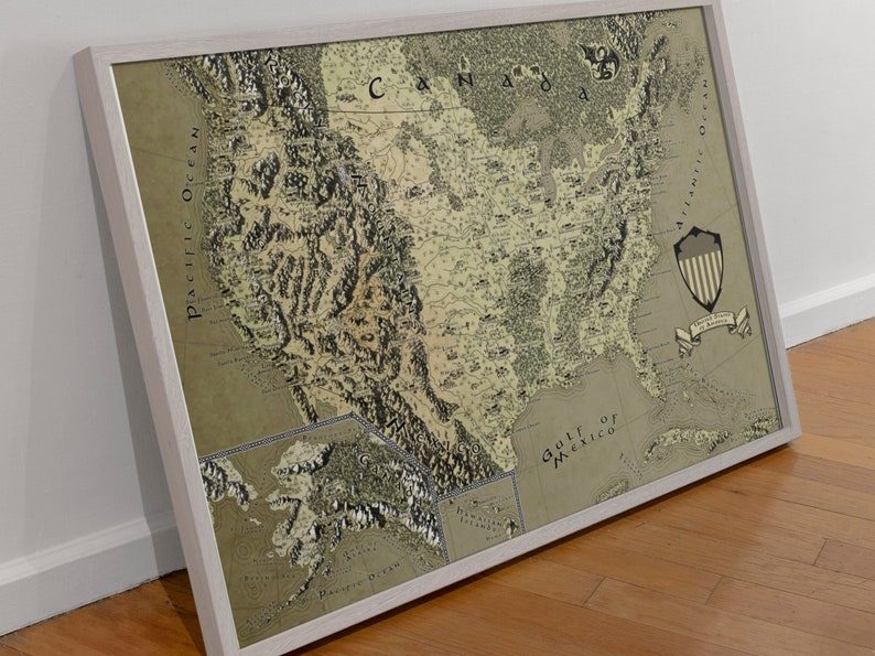 May include: A vintage-style map of the United States with a green and brown color scheme. The map is framed in a white frame and includes the text "United States of America" and "Gulf of Mexico".