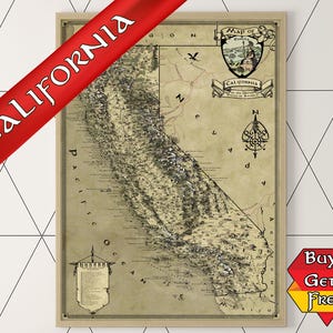 May include: A vintage-style map of California printed on aged paper, featuring detailed topography, a compass rose, and a decorative crest. A red diagonal banner displays the text CALIFORNIA, and a small badge reads Buy 2 Get 1 Free.