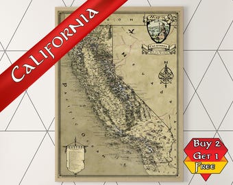 California Fantasy Map, Middle Earth style Print, Tolkien inspired Los Angeles Poster, San Francisco Geeky Gift, San Diego Vintage Medieval