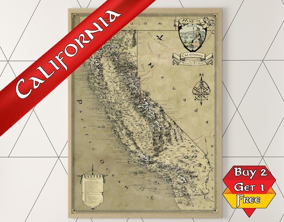 California Fantasy Map, Middle Earth style Print, Tolkien inspired Los Angeles Poster, San Francisco Geeky Gift, San Diego Vintage Medieval