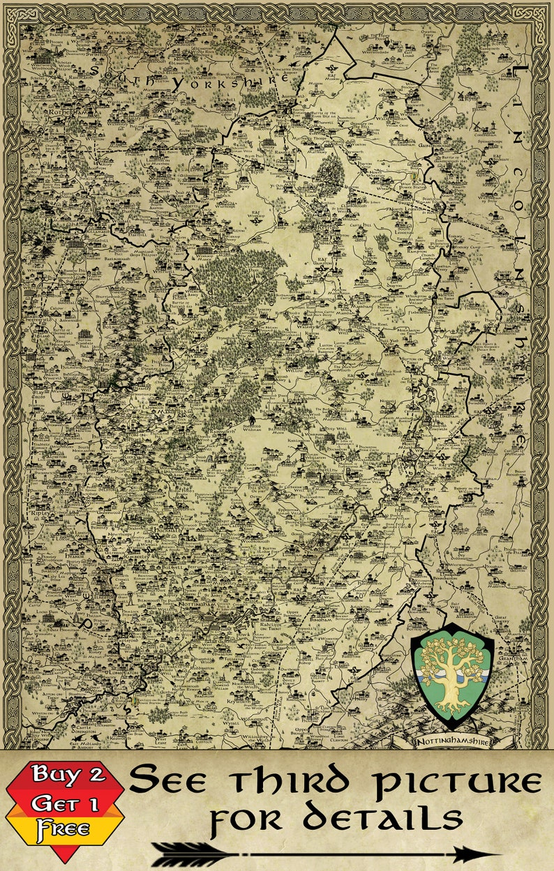 Nottinghamshire Print, Nottingham Fantasy Map, Notts Gift, Sherwood Forest, Fantasy Cartography, Newark on Trent Poster, Robin Hood Art image 2