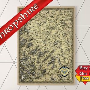 Carte du Shropshire, art des West Midlands, affiche du Shropshire, impression de carte fantastique, cadeau geek pour lui, cadeau ringard pour elle, cadeau gamer, dessiné à la main