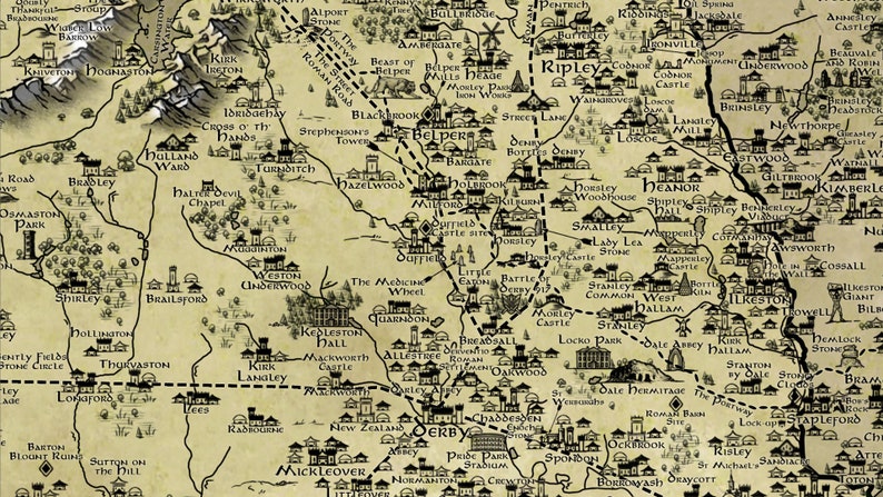 Derbyshire Print, Derby Fantasy Map, Derbyshire Dales Map, Peak District Gift, Derbyshire Hill, Fantasy Cartography, Peak District Poster image 8