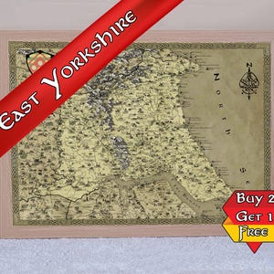 Impression fantaisie du Yorkshire de l'Est, dessin de carte de la coque, affiche Bridlington, Beverley dessiné à la main, carte médiévale illustrée, East Riding Fantasy