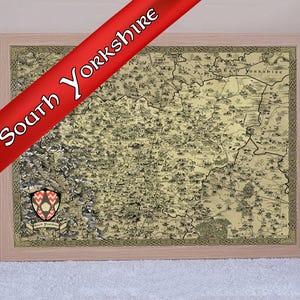 Impression de carte du Yorkshire du Sud, dessin de carte Sheffield Fantasy, affiche de Doncaster, carte médiévale illustrée dessinée à la main Barnsley, art ancien vintage,