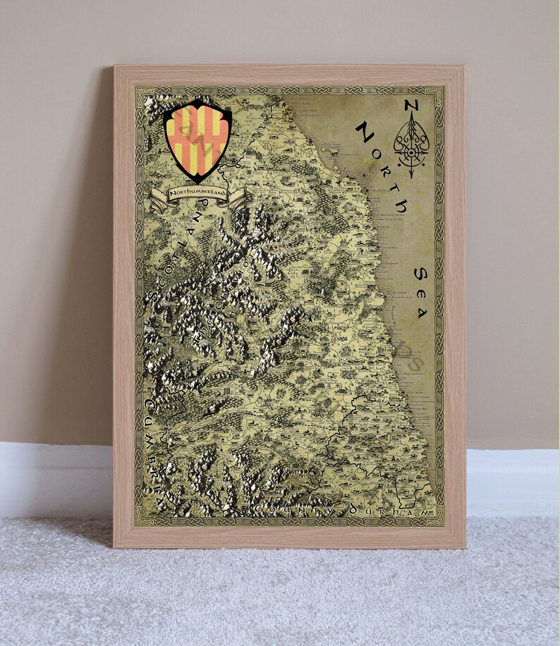 May include: A vintage-style map of the fictional land of Westeros from the popular TV series Game of Thrones. The map is printed on parchment paper and features a compass rose, a coat of arms, and the text "North Sea".