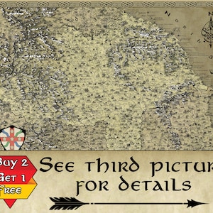 May include: A detailed map of Ireland with a Celtic knot border. The map is printed on parchment paper and features a silver foil overlay. The map is titled "Ireland" and includes a compass rose in the top right corner. The map is available for purchase with a "Buy 2 Get 1 Free" offer.