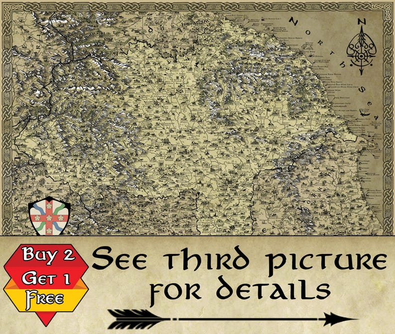 May include: A detailed map of Ireland with a Celtic knot border. The map is printed on parchment paper and features a silver foil overlay. The map is titled "Ireland" and includes a compass rose in the top right corner. The map is available for purchase with a "Buy 2 Get 1 Free" offer.
