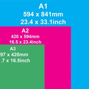May include: A diagram showing the different sizes of paper in the A series. The largest size is A1, which is 23.4 inches by 33.1 inches. The next size down is A2, which is 16.5 inches by 23.4 inches. The smallest size shown is A3, which is 11.7 inches by 16.5 inches.