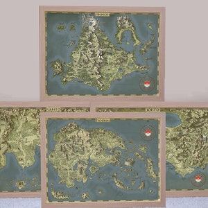May include: Four framed maps of different regions from the Pokemon video game series. The maps are labeled "Kanto", "Johto", "Hoenn", and "Sinnoh". Each map features a unique color scheme and design, with a Pokemon symbol in the lower right corner.