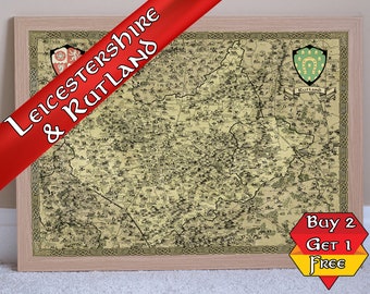 Leicestershire and Rutland Print, A3 A2 A1 Leicester Fantasy Map, Rutland Water, Leicester Gift, Melton Mowbray Poster, Fantasy Cartography