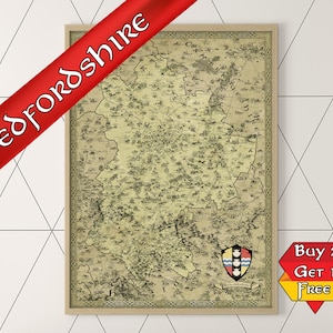 Impression de carte du Bedfordshire, art fantastique de Bedford, cadeau Luton, dessiné à la main, carte médiévale, cartographie fantastique, ancienne carte vintage, Angleterre antique