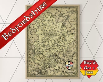 Bedfordshire Map Print, A3 A2 A1 Bedford Fantasy Art, Luton Gift, Hand Drawn, Medieval Fantasy Cartography, Old Vintage Map, Antique England