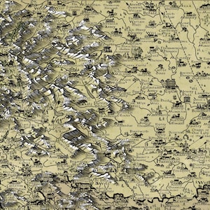 May include: A vintage map of a region with a mountainous area in the top left corner and a network of roads and towns throughout the rest of the map. The map is drawn in black ink on a beige background.