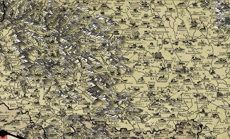 May include: A vintage map of a region with a mountainous area in the top left corner and a network of roads and towns throughout the rest of the map. The map is drawn in black ink on a beige background.