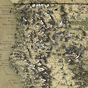 May include: A detailed, vintage-style illustrated map of Northern California in shades of beige, black, and grey. The map features topographical mountain ranges, forests, rivers, and labeled towns like Eureka, Redding, and Chico, with text annotations.
