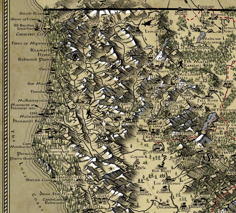 May include: A detailed, vintage-style illustrated map of Northern California in shades of beige, black, and grey. The map features topographical mountain ranges, forests, rivers, and labeled towns like Eureka, Redding, and Chico, with text annotations.