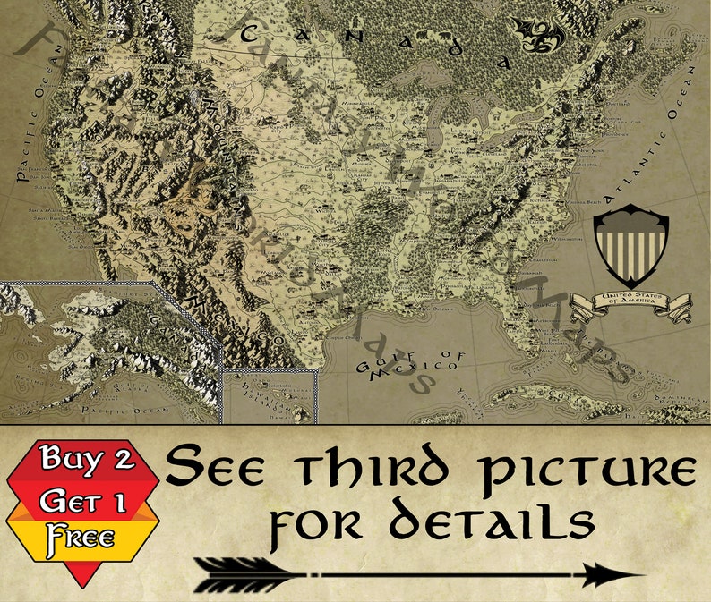 May include: A vintage-style map of the United States with a brown background and black lines. The map shows the states, major cities, and rivers. The map is surrounded by a border with the words "United States of America" in a banner. The text "See third picture for details" is at the bottom of the image.