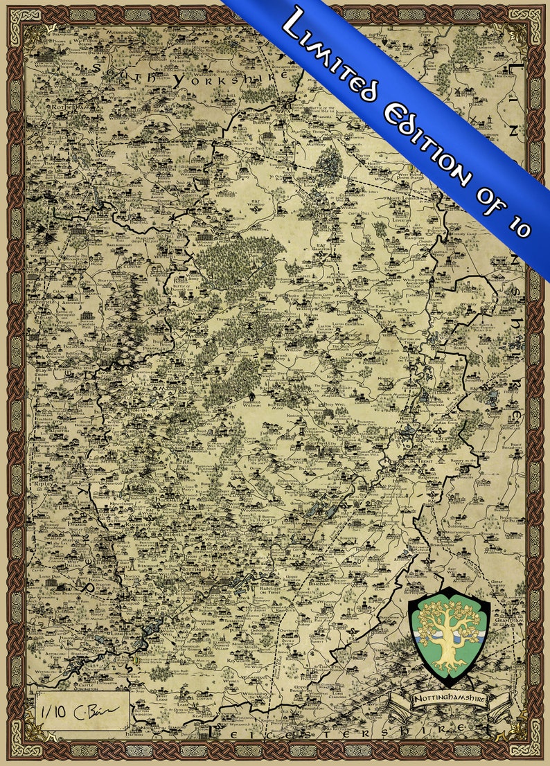 Nottinghamshire Print, Nottingham Fantasy Map, Notts Gift, Sherwood Forest, Fantasy Cartography, Newark on Trent Poster, Robin Hood Art A2 LIMITED EDITION