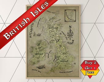 UK Fantasy Map Poster, British Isles Print, Hand Drawn, Geeky gift for him, Geeky gift for her, Gift for Mum, Gift for Dad, Stocking Filler