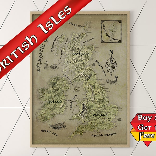 UK Fantasy Map Poster, British Isles Print, Hand Drawn, Geeky gift for him, Geeky gift for her, Gift for Mum, Gift for Dad, Stocking Filler