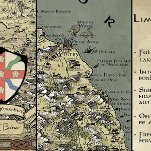 May include: A vintage-style map of North Yorkshire, England, with a coat of arms in the bottom left corner. The map is printed in brown, green, and blue ink on parchment paper. The text "Limited Edition Print" is in the top right corner, along with a list of features, including full colour, ornate border details, and a signed and numbered print.