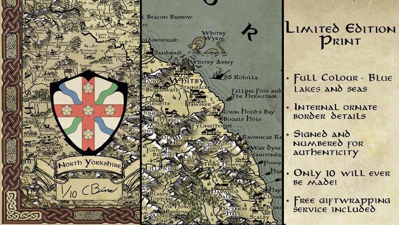 May include: A vintage-style map of North Yorkshire, England, with a coat of arms in the bottom left corner. The map is printed in brown, green, and blue ink on parchment paper. The text "Limited Edition Print" is in the top right corner, along with a list of features, including full colour, ornate border details, and a signed and numbered print.