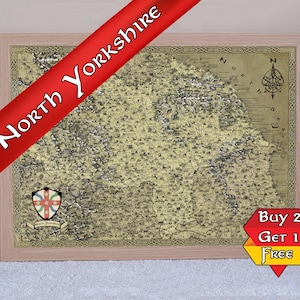 Impression fantastique du North Yorkshire, dessin de carte de York, affiche de Middlesborough, carte médiévale illustrée dessinée à la main de Boro, Harrogate Redcar Whitby