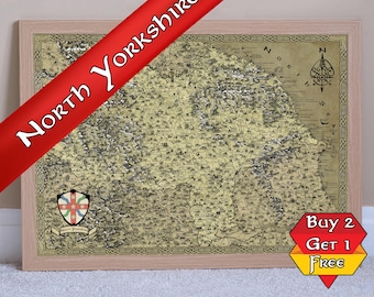 North Yorkshire Fantasy Print, A3 A2 A1 York Map Drawing, Middlesborough Poster, Boro Hand Drawn, Illustrated Medieval Map, Harrogate Whitby