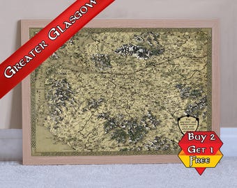 Glasgow Map Print, Lanarkshire Fantasy Poster A3 A2 A1, Scotland Dunbartonshire, Falkirk, Inverclyde Geeky Gift, Renfrewshire Medieval Art