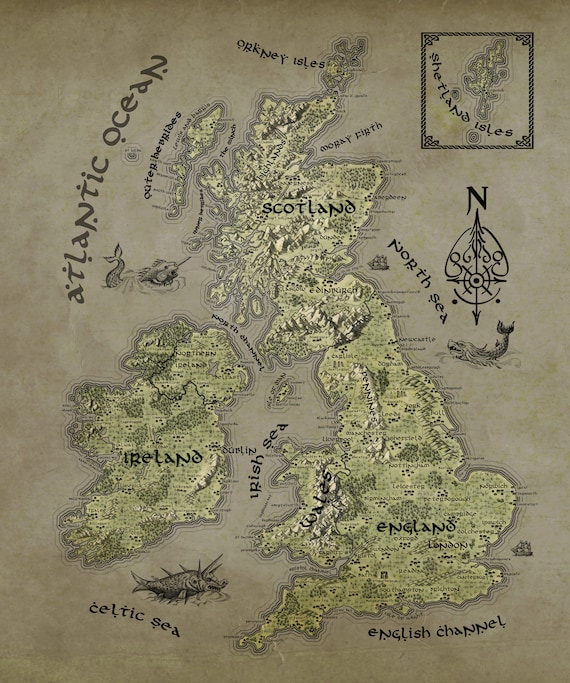 UK Canvas, British Isles Fantasy Map, UK Wall Art, UK Gifts, Geeky
