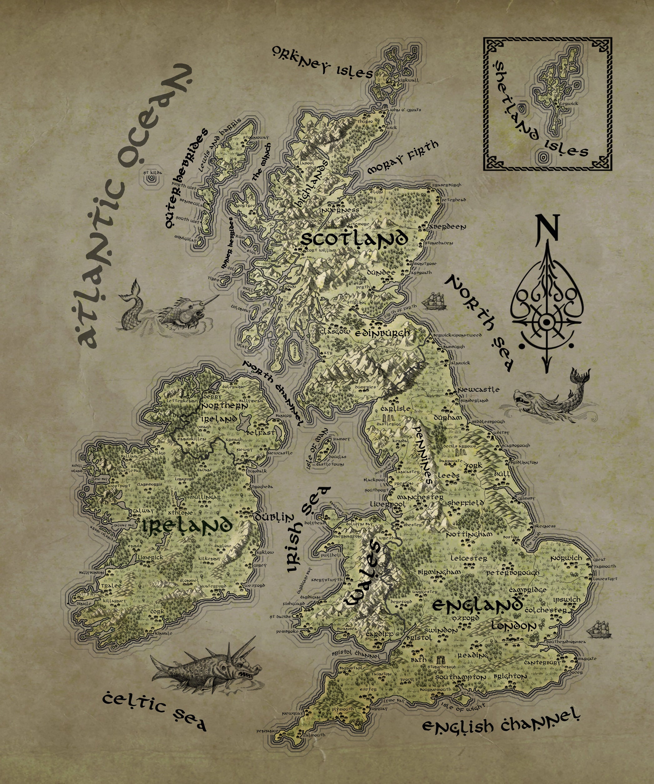 UK Canvas, British Isles Fantasy Map, UK Wall Art, UK Gifts, Geeky