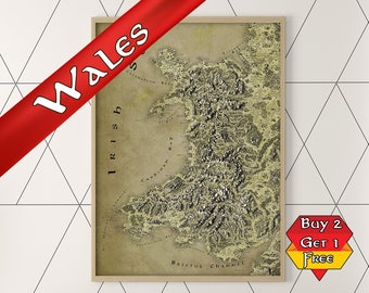 Wales Print Fantasy Map, A3 A2 A1 Wales Poster, Fantasy Art Print, Wales Map, Wales Gift, Welsh Gifts, Welsh Art, Gift for him, Gift for Her