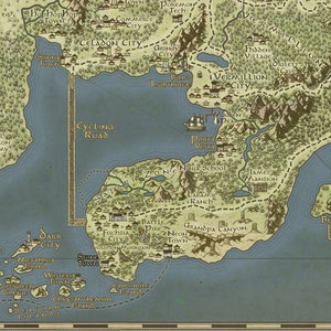 May include: A vintage-style map of the Kanto region from the Pokemon video game series. The map features various locations, including Pallet Town, Viridian Forest, and Vermillion City. The map is drawn in a light brown and green color scheme with blue water and a compass rose in the bottom right corner.