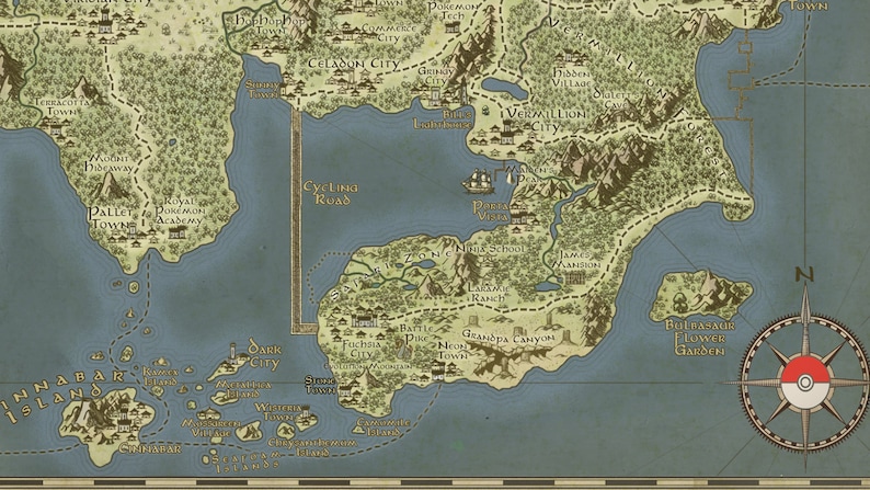 May include: A vintage-style map of the Kanto region from the Pokemon video game series. The map features various locations, including Pallet Town, Viridian Forest, and Vermillion City. The map is drawn in a light brown and green color scheme with blue water and a compass rose in the bottom right corner.