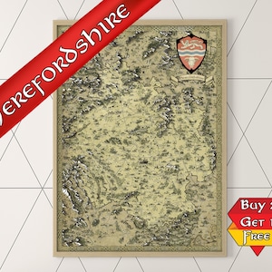 Impression de carte du Herefordshire, affiche fantaisie Hereford, cadeau geek pour lui, cadeau ringard pour elle, cadeau gamer, dessiné à la main, impression Herefordshire