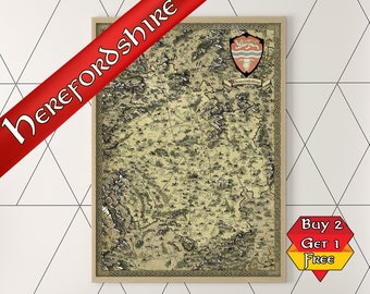 Herefordshire Map Print, Hereford Fantasy Poster, Geeky gift for him, Nerdy gift for her, Gamer Gift, Hand Drawn, Herefordshire Print