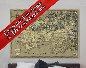 Carmarthenshire and Pembrokeshire Canvas, Cymru Fantasy Map, Carmarthen Art, Cardiff Welsh, Birthday Present Mum Dad, Pembroke Cartography