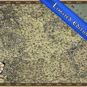 May include: A detailed map of North Yorkshire, England, with a Celtic knot border and a compass rose in the top right corner. The map is printed on parchment-like paper and has a vintage look. The text "Limited Edition of 10" is printed on a blue ribbon across the top of the map.