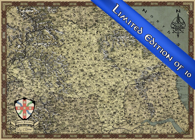 May include: A detailed map of North Yorkshire, England, with a Celtic knot border and a compass rose in the top right corner. The map is printed on parchment-like paper and has a vintage look. The text "Limited Edition of 10" is printed on a blue ribbon across the top of the map.