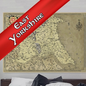 Toile de l'East Yorkshire, carte fantaisie East Riding, art de la coque, carte de Bridlington, cadeau maman papa, cartographie médiévale, vieux Beverley vintage
