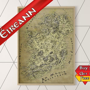 Impresión de mapa de fantasía gaélico de Irlanda, póster gaélico, regalo de mapa de Irlanda, regalo irlandés, impresión gaélica, regalo geek para él, regalo geek para ella