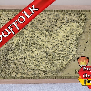 Impression de carte du Suffolk, affiche fantastique du Suffolk, impression Ipswich, cadeau geek pour lui, art Lowestoft, cadeau joueur, carte vintage, cartographie fantastique
