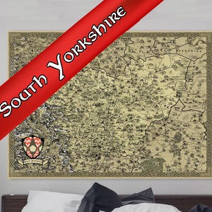 Toile du South Yorkshire, carte fantastique de Sheffield, art de Rotherham, carte de Doncaster, cadeau maman papa, cartographie médiévale, vieux Barnsley vintage