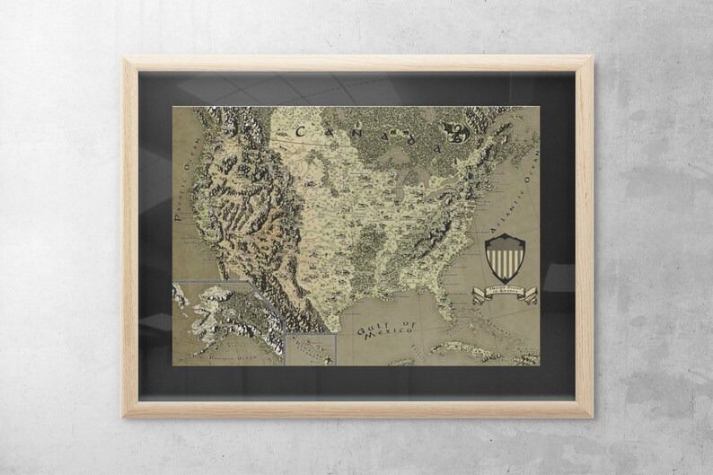 May include: A vintage-style map of the United States in a wooden frame. The map is printed on a beige background with brown and green details. The map includes the text "Gulf of Mexico" and "Atlantic Ocean".